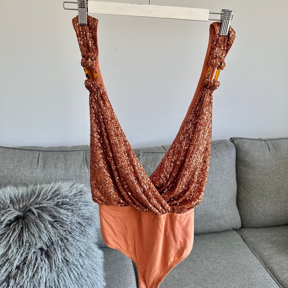 Free People Bronze Sequin Tortoise Ring Bodysuit